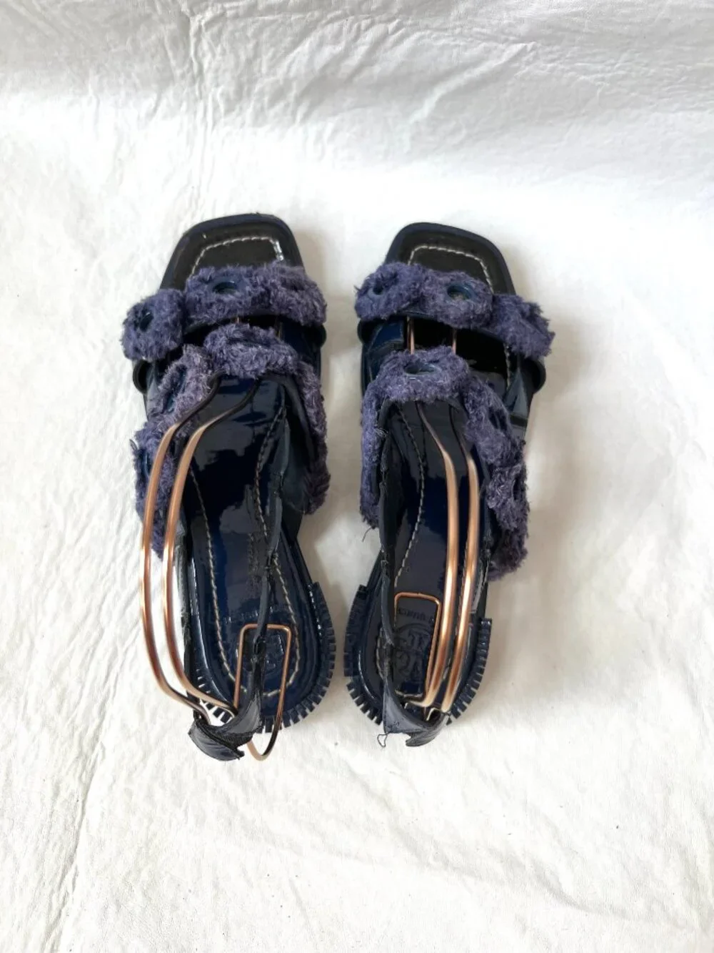 Tory Burch sandals blue patent leather womens 7.5 flat slingback Freya fringe